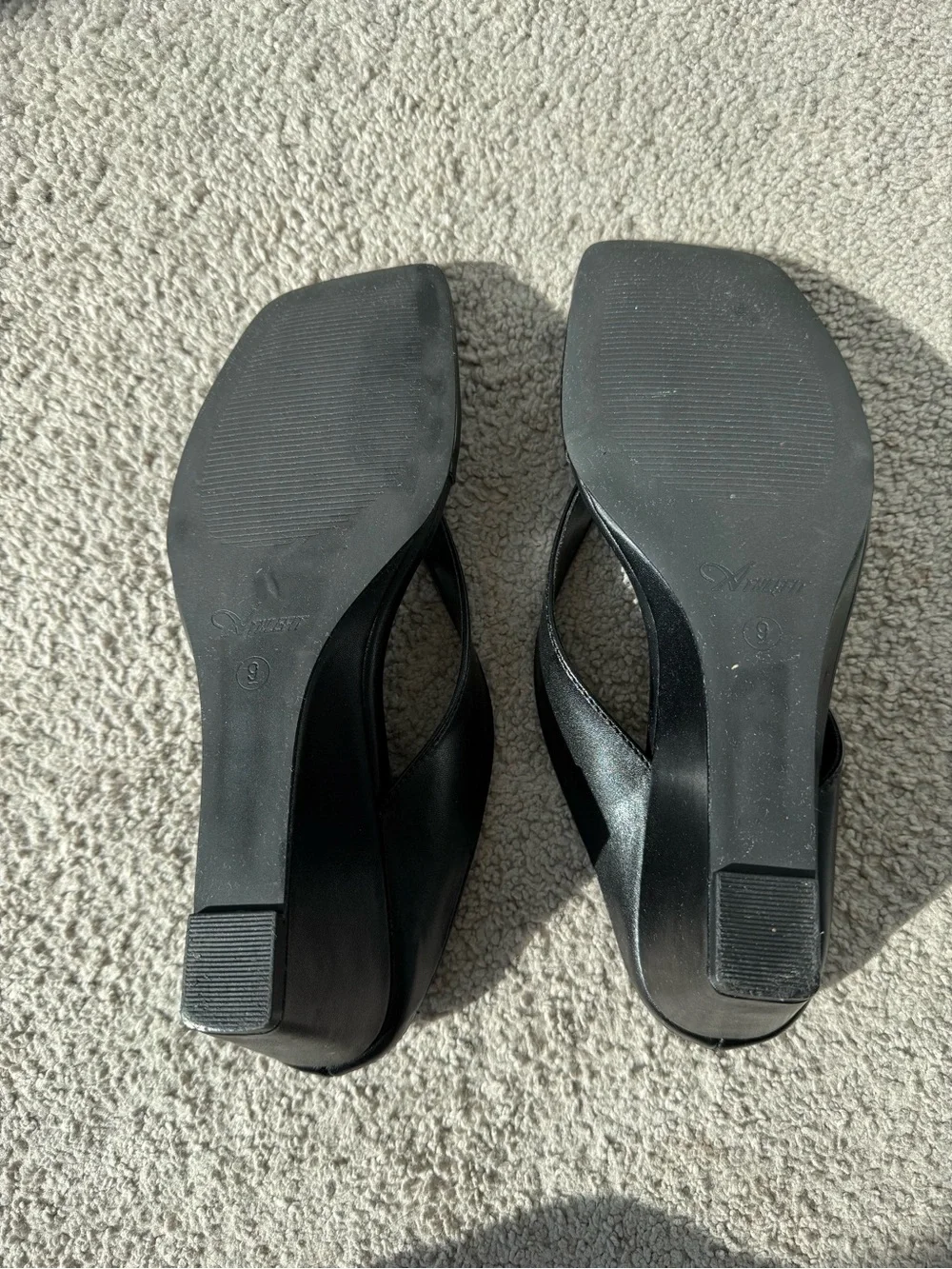 Black Leather Thong Heels with Square Toe - Women's